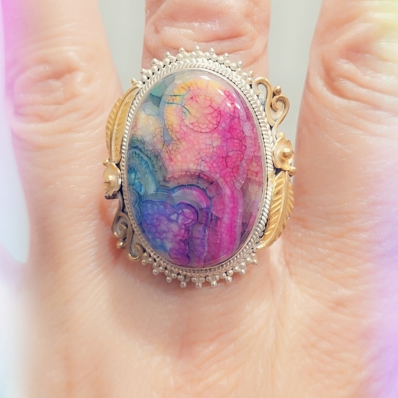 Sterling Silver Dyed Crazy Lace Gemstone Ring